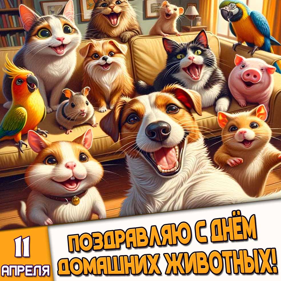 Открытка 11 апреля - поздравляю с днём домашних животных!