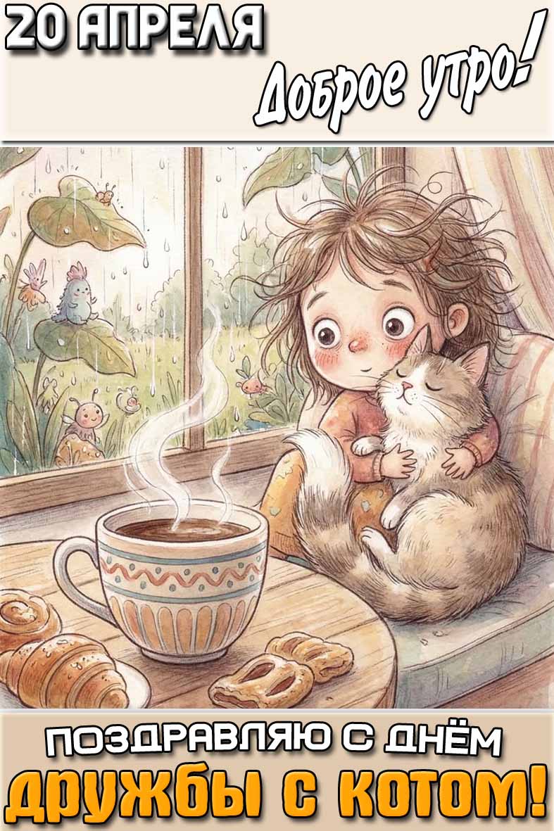 Открытка "20 апреля доброе утро! Поздравляю с днём дружбы с котом!"