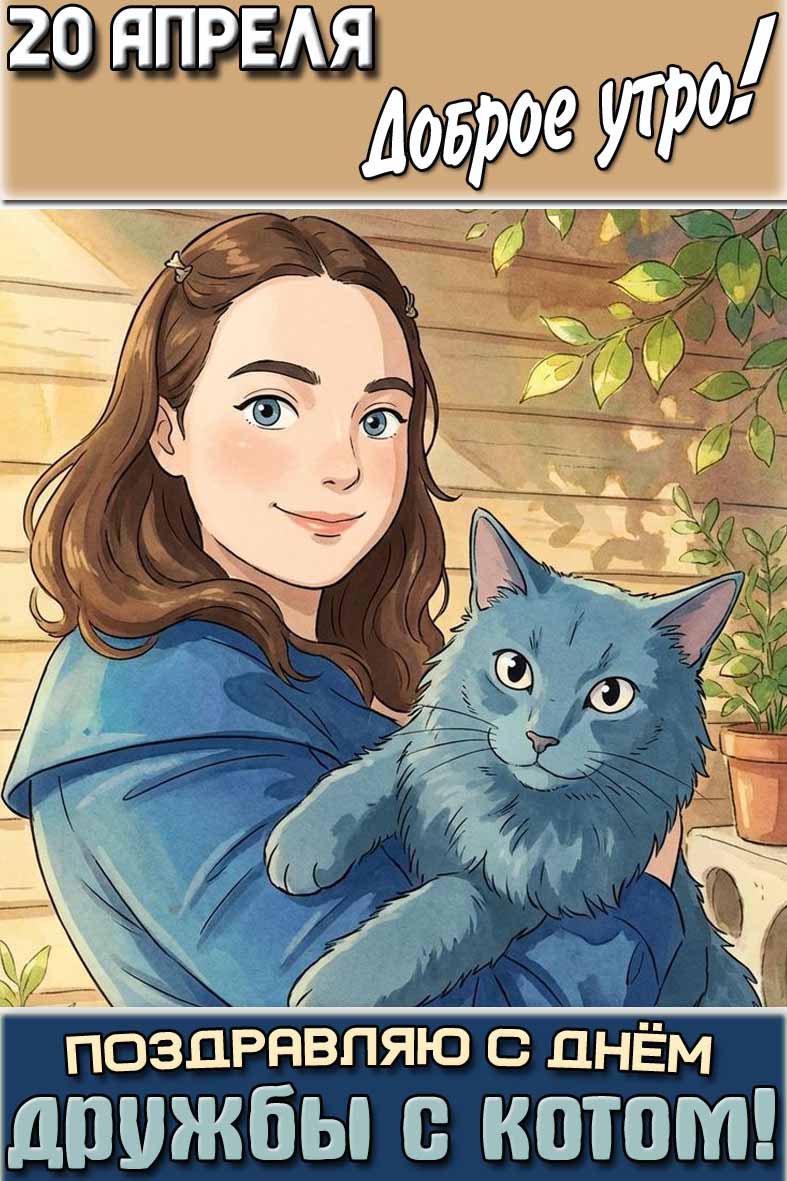Картинка "20 апреля доброе утро! Поздравляю с днём дружбы с котом!"