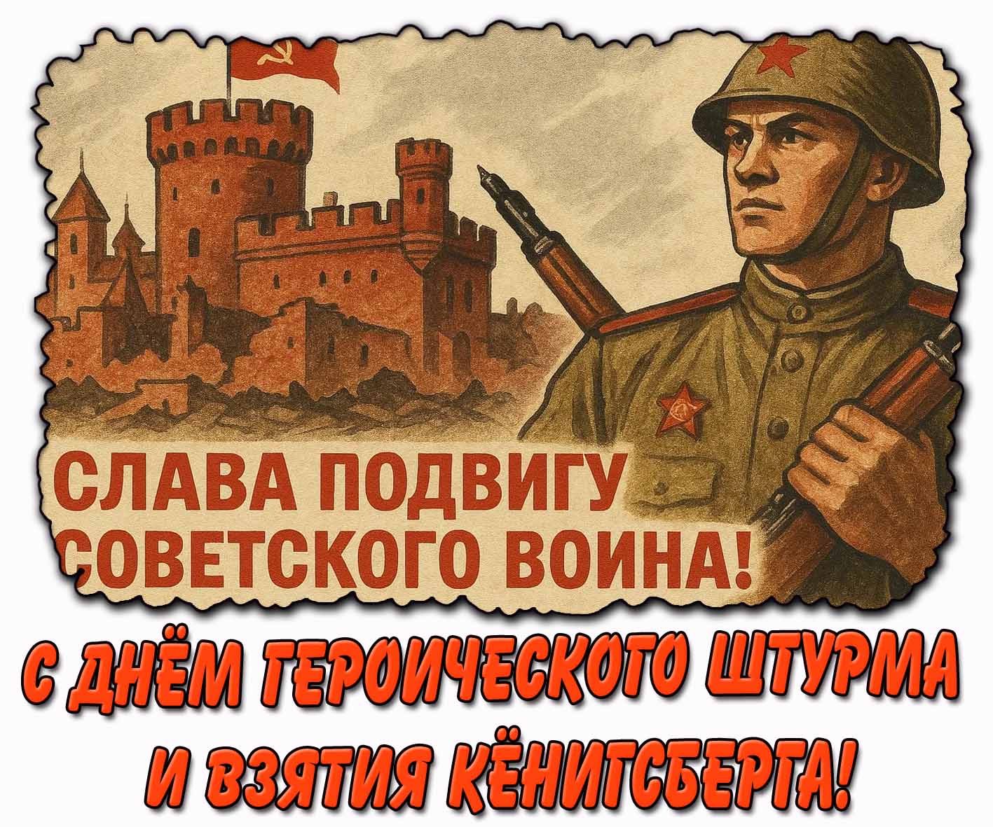 Открытка "С днём героического штурма и взятия Кёнигсберга! Слава подвигу Советского солдата!"