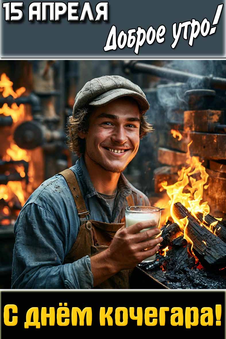 Креативная и позитивная картинка с парнем со стаканом молока на фоне полыхающей печей и надписью : "15 апреля доброе утро! С днём кочегара!". Картинка "15 апреля доброе утро! С днём кочегара!"