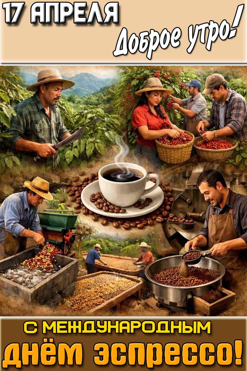 Открытка "17 апреля доброе утро! С Международным днём эспрессо!"