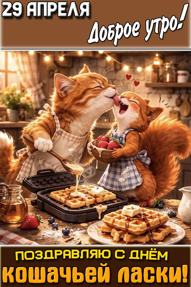 Прикольная открытка "29 апреля доброе утро! Поздравляю с днём кошачьей ласки!"