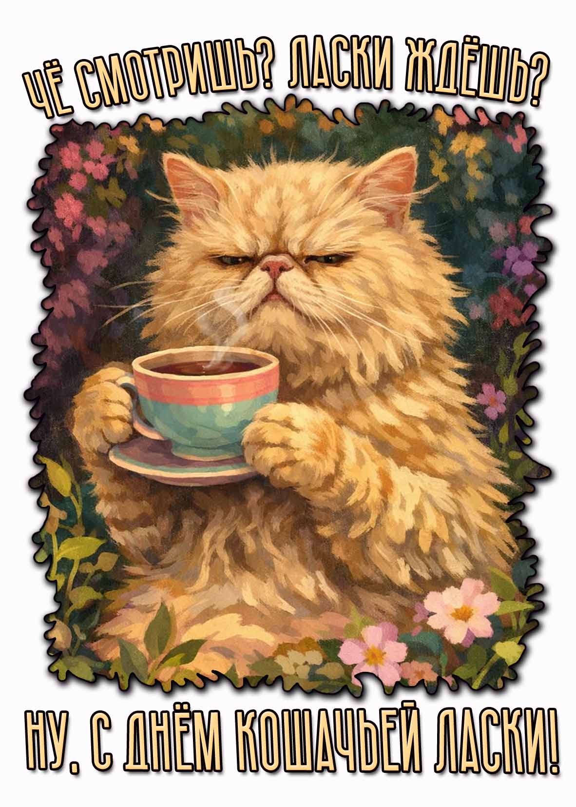 Смешная картинка "Чё смотришь? Ласки ждёшь? Ну, с днём кошачьей ласки!"