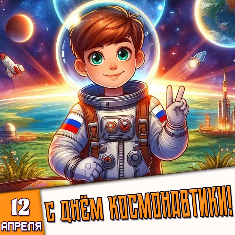Детская картинка 12 апреля - с днём космонавтики!