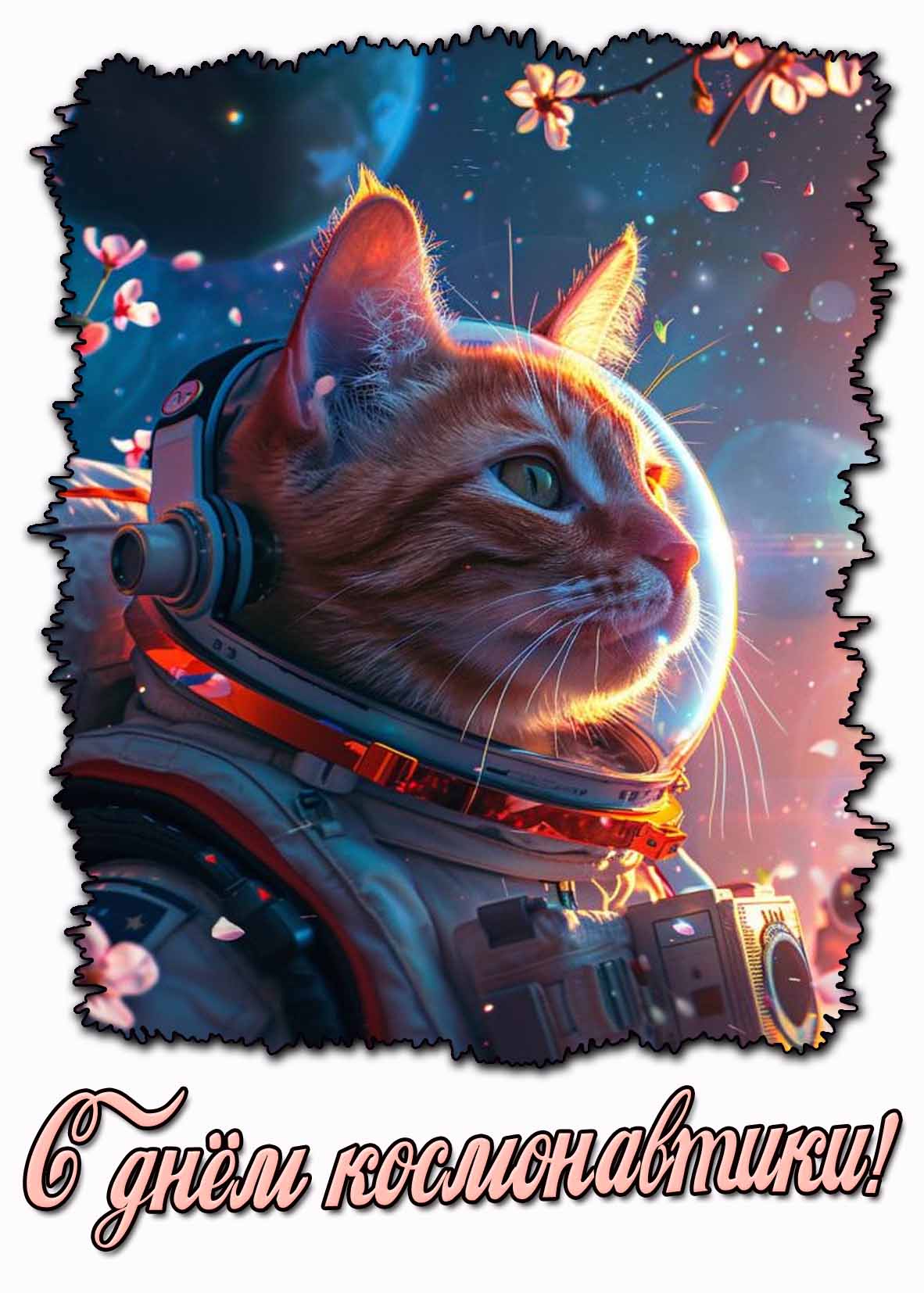 Весенняя открытка с котом ко дню космонавтики