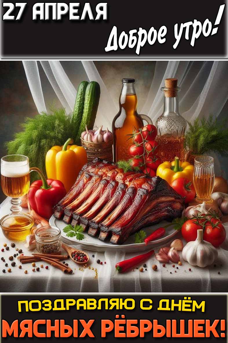Открытка "27 апреля доброе утро! Поздравляю с днём мясных рёбрышек!"