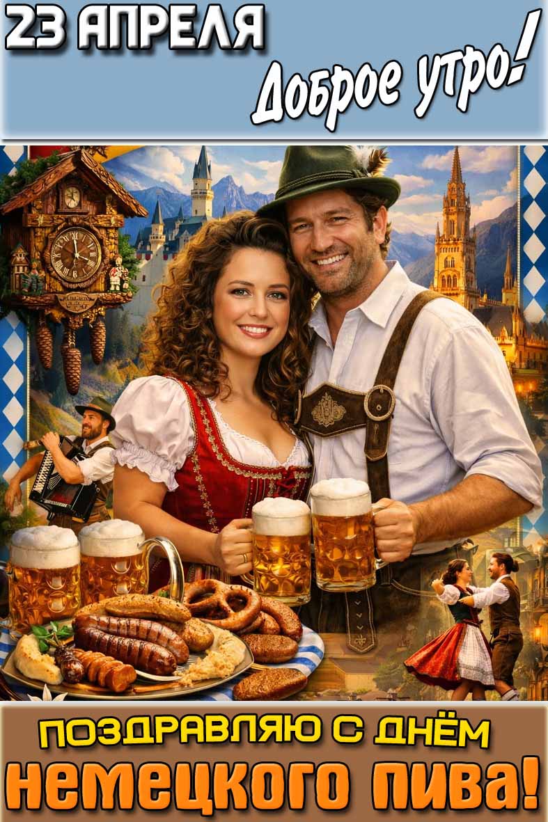 Открытка "23 апреля доброе утро! Поздравляю с днём немецкого пива!"
