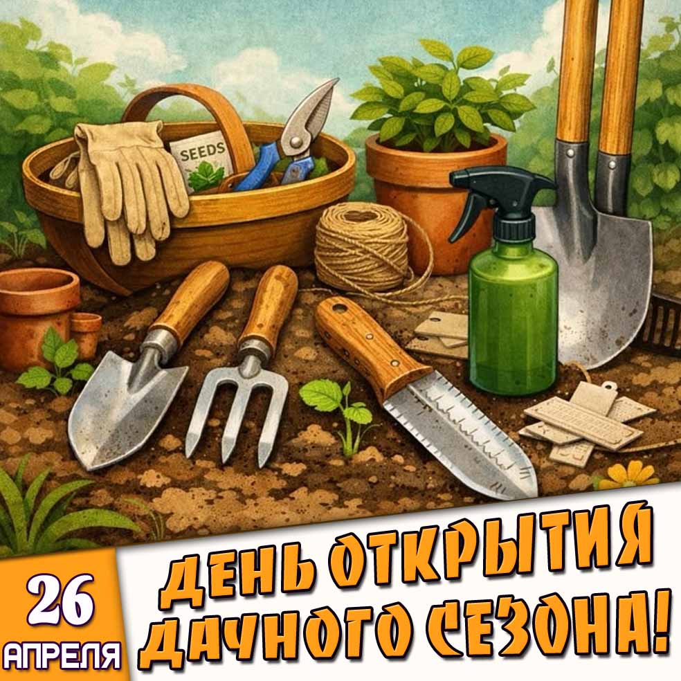 Открытка 26 апреля - день открытия дачного сезона!