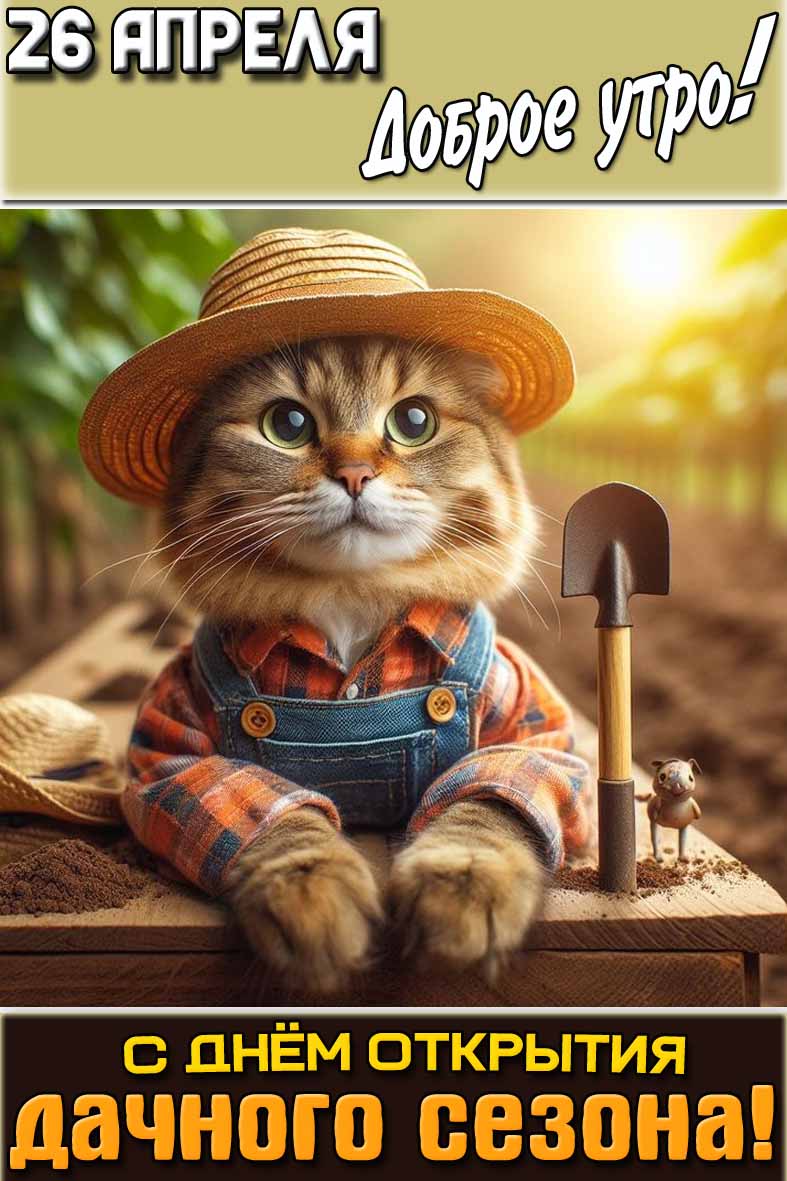 Прикольная открытка "26 апреля доброе утро! С днём открытия дачного сезона!"