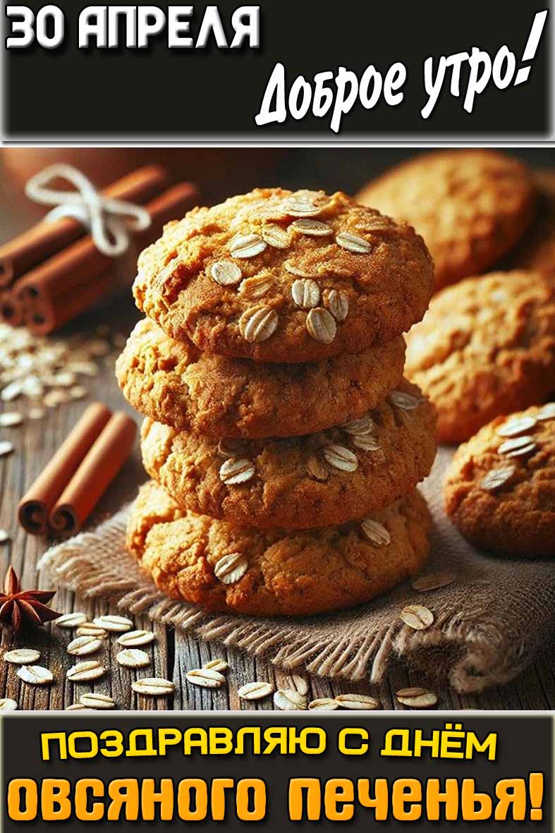 Открытка "30 апреля доброе утро! Поздравляю с днём овсяного печенья!"