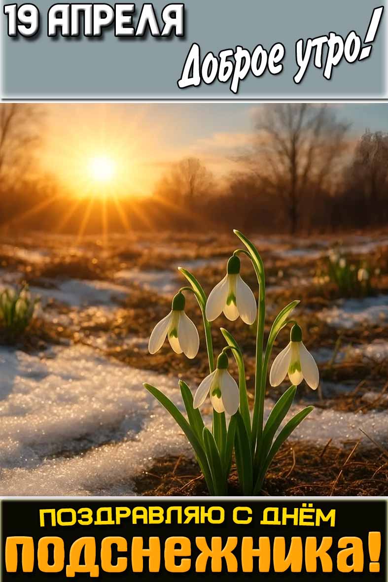 Открытка "19 апреля доброе утро! Поздравляю с днём подснежника!"