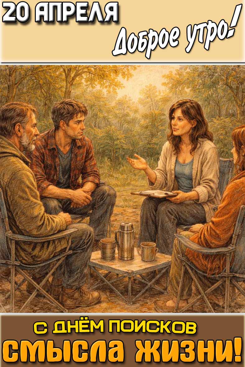 Открытка "20 апреля доброе утро! С днём поисков смысла жизни!"