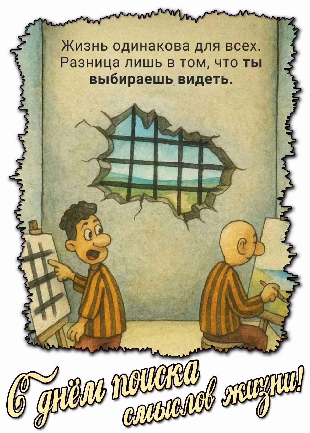 Картинка "С днём поиска смысла жизни! Жизнь одинакова для всех. Разница лишь в том что ты выбираешь видеть!"