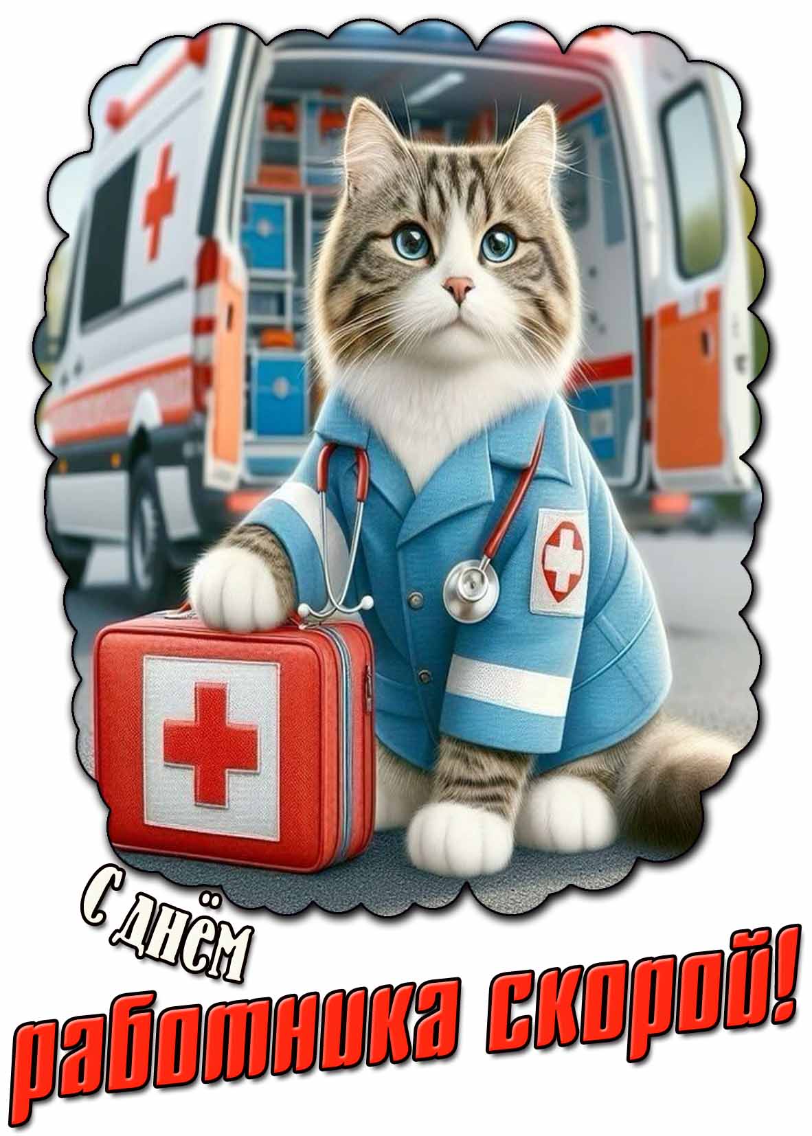 С днём работника скорой! - прикольная открытка с котом