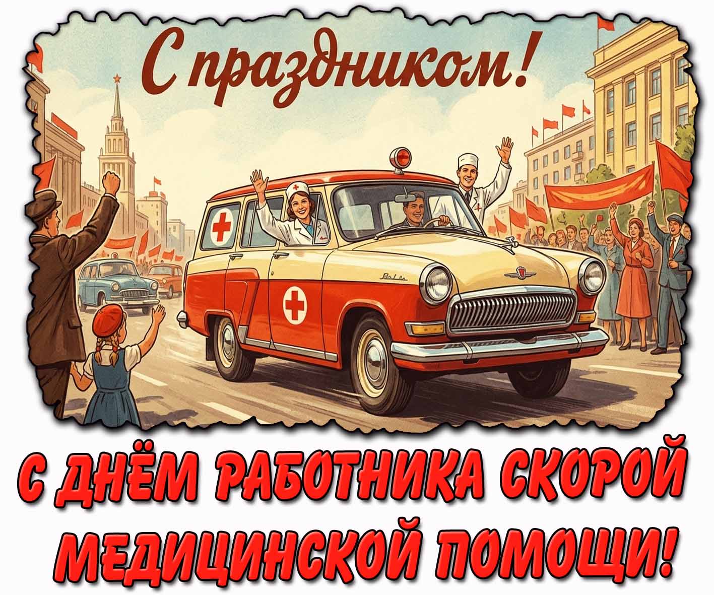 Советская открытка "С днём работника скорой медицинской помощи! С праздником!"