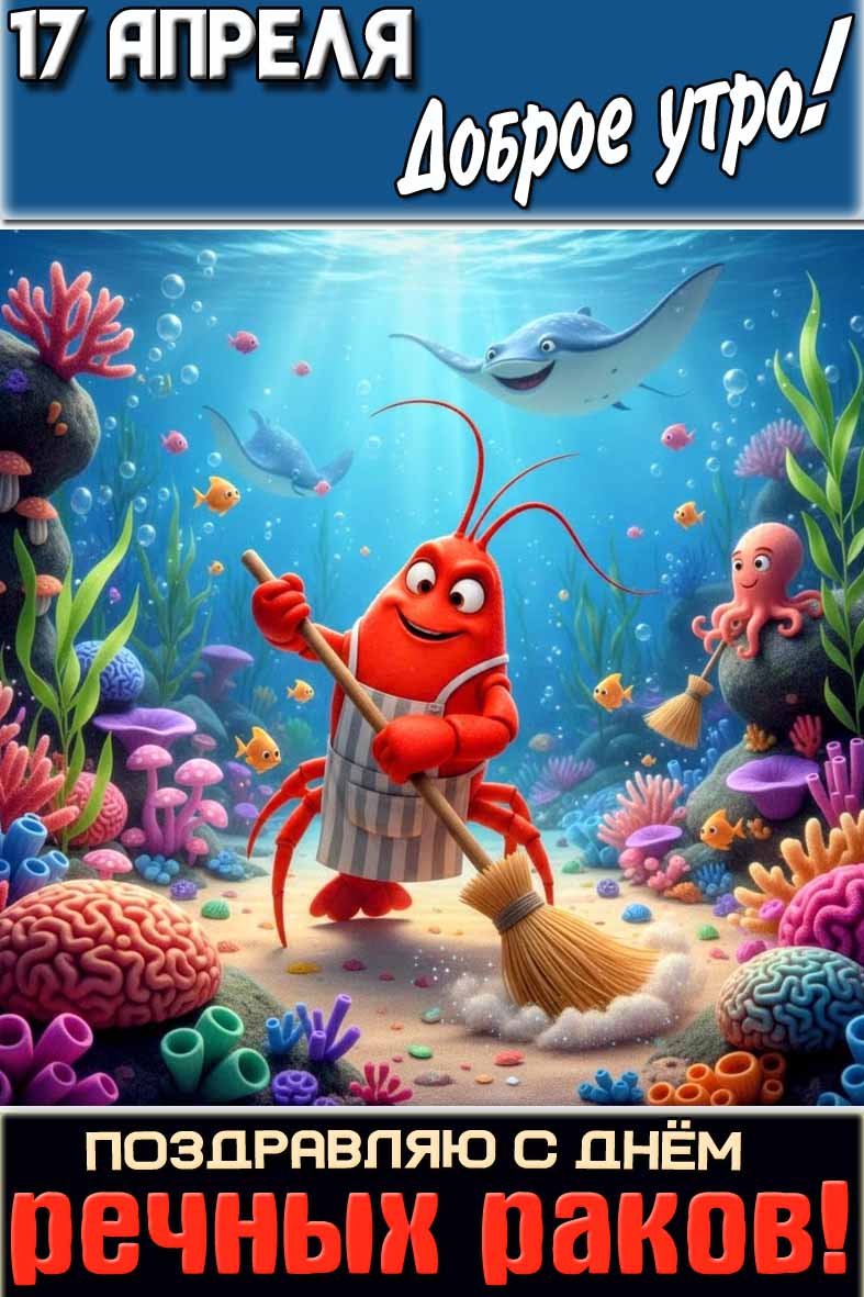 Прикольная открытка "17 апреля доброе утро! Поздравляю с днём речных раков!"