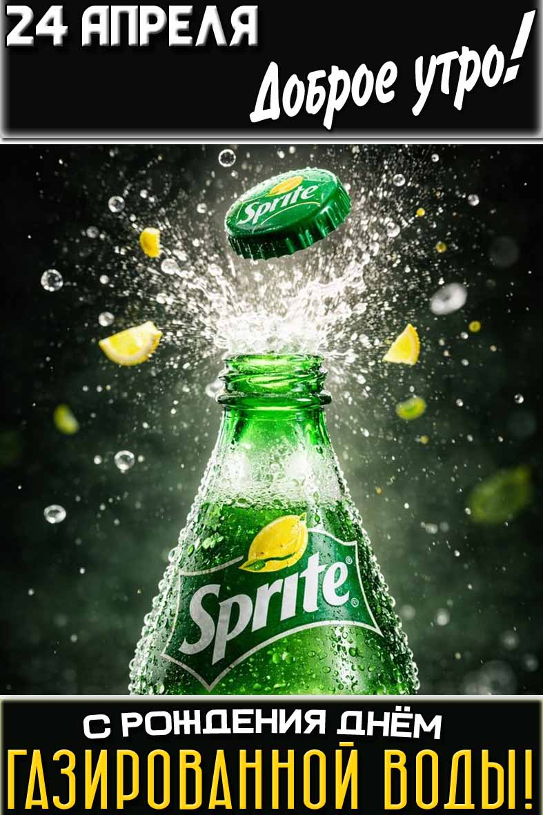 Открытка "24 апреля доброе утро! С днём рождения газированной воды!"