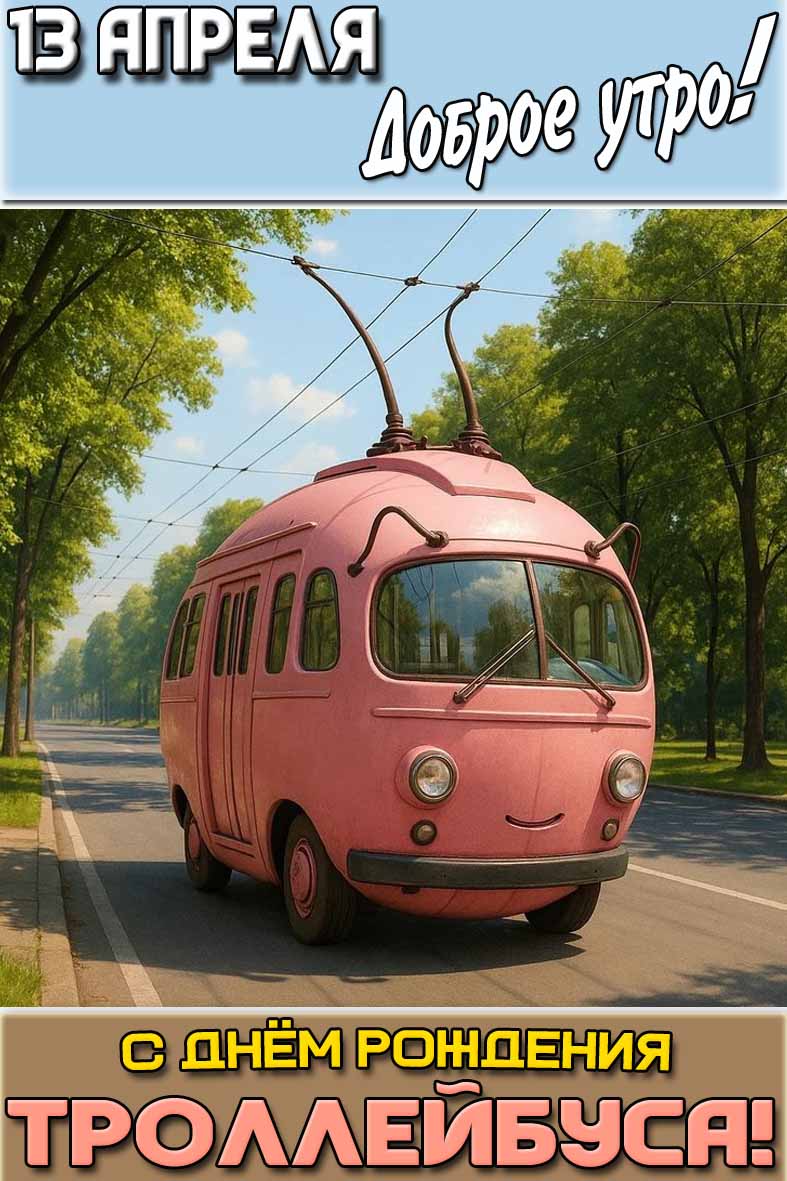 Открытка "13 апреля доброе утро! С днём рождения троллейбуса!"
