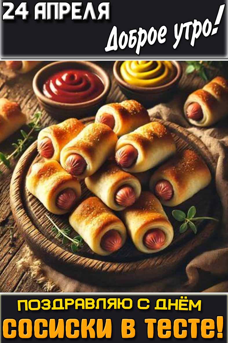 Открытка "24 апреля доброе утро! Поздравляю с днём сосиски в тесте!"