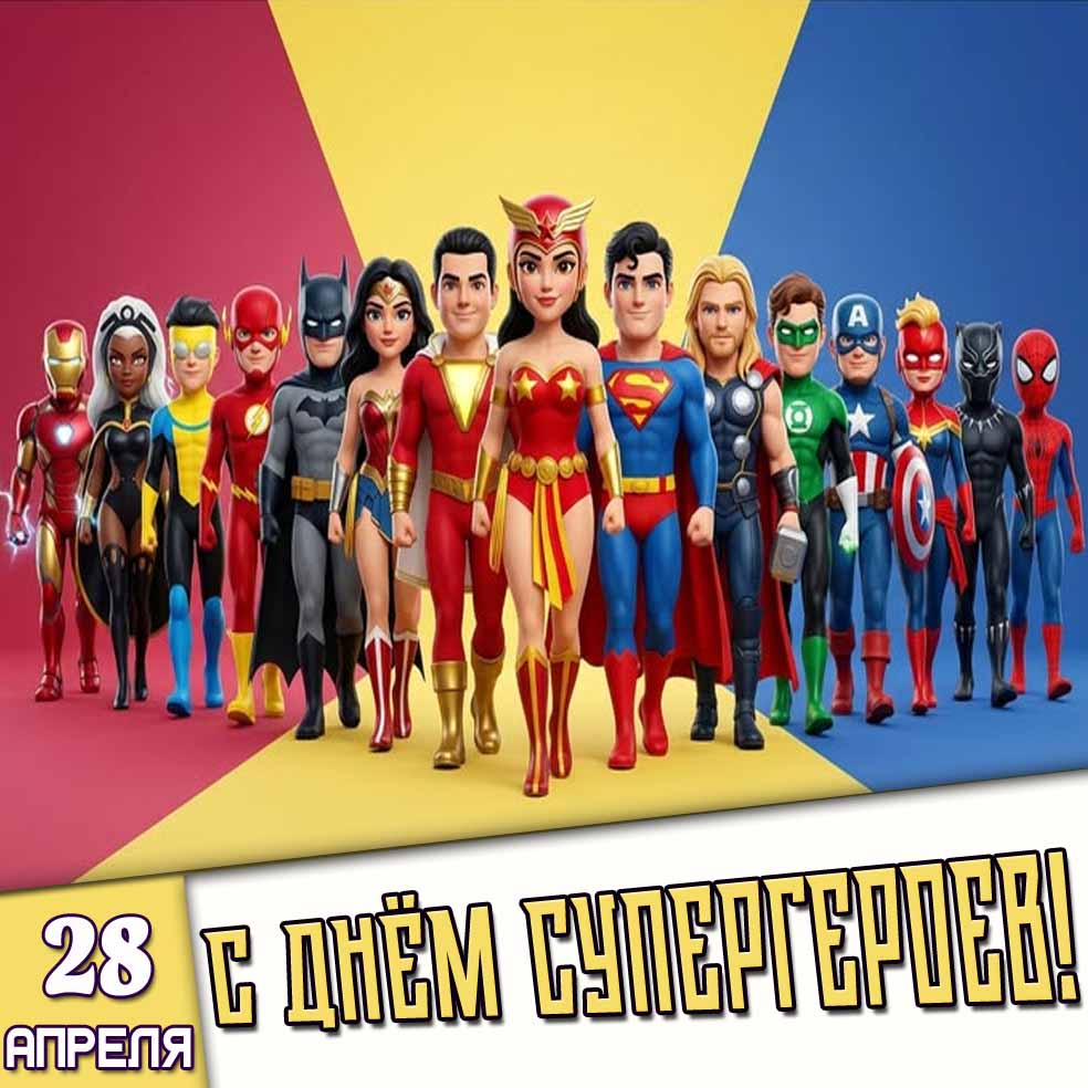 Открытка 28 апреля - с днём супергероев!