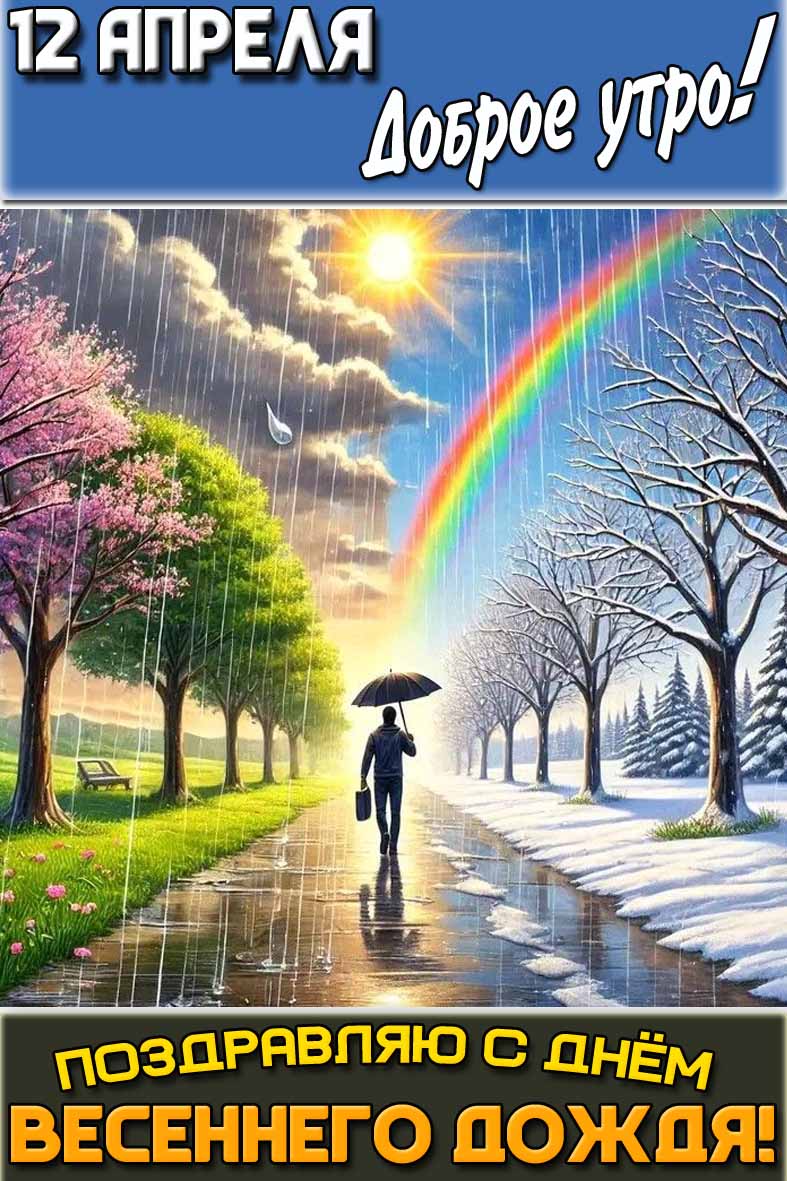 Открытка "12 апреля доброе утро! Поздравляю с днём весеннего дождя!"