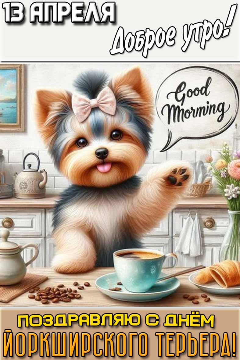 Открытка "13 апреля доброе утро! Поздравляю с днём йоркширского терьера!"
