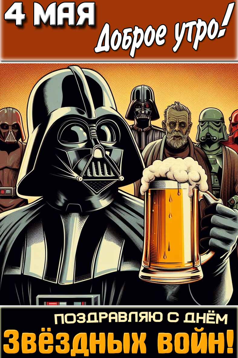 Прикольная открытка "4 мая доброе утро! Поздравляю с днём звёздных войн!"