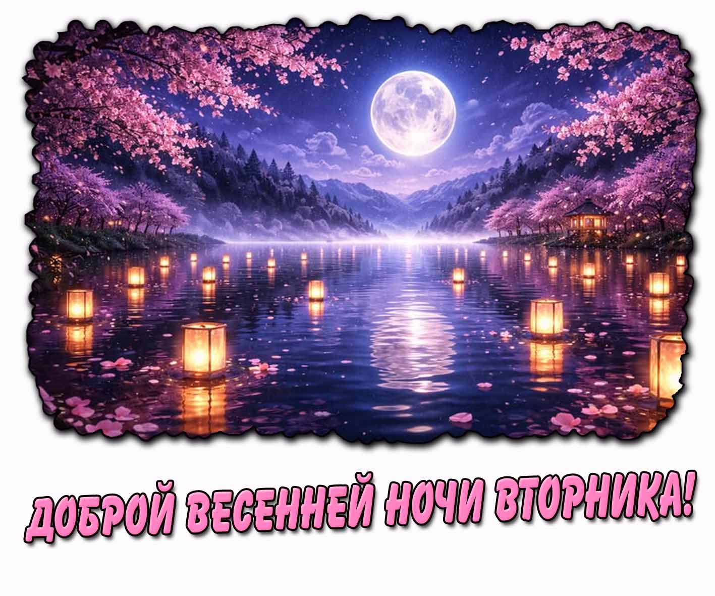 Красивая горизонтальная картинка с сакурой и фонариками на фоне полной луны, чтобы оригинально пожелать : Доброй весенней ночи вторника! Красивая картинка доброй весенней ночи вторника