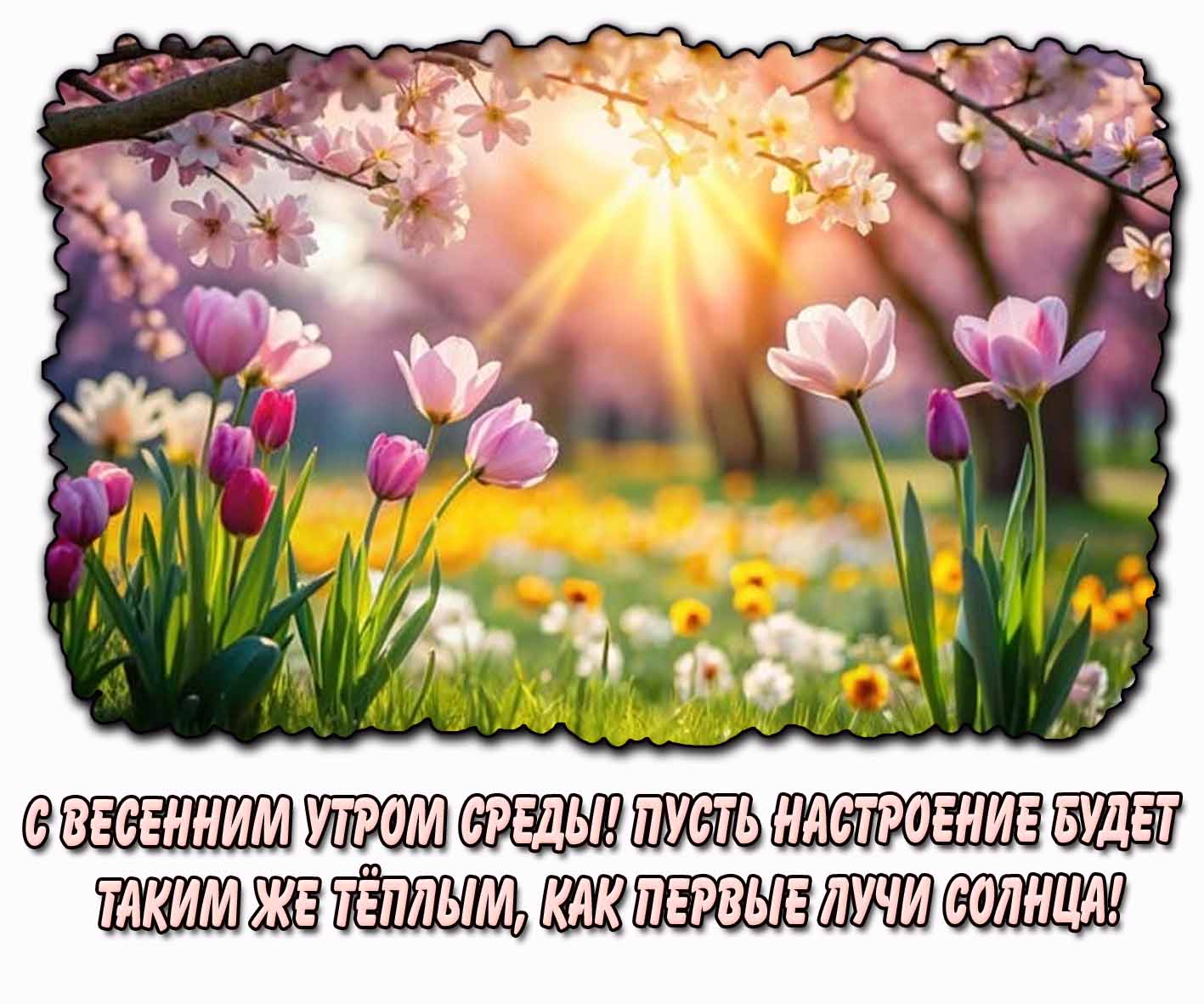 Открытка "С весенним утром среды! Пусть настроение будет таким же тёплым, как первые лучи солнца!"