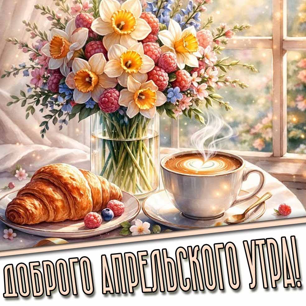 Доброго апрельского утра! - картинка с цветами и кофе