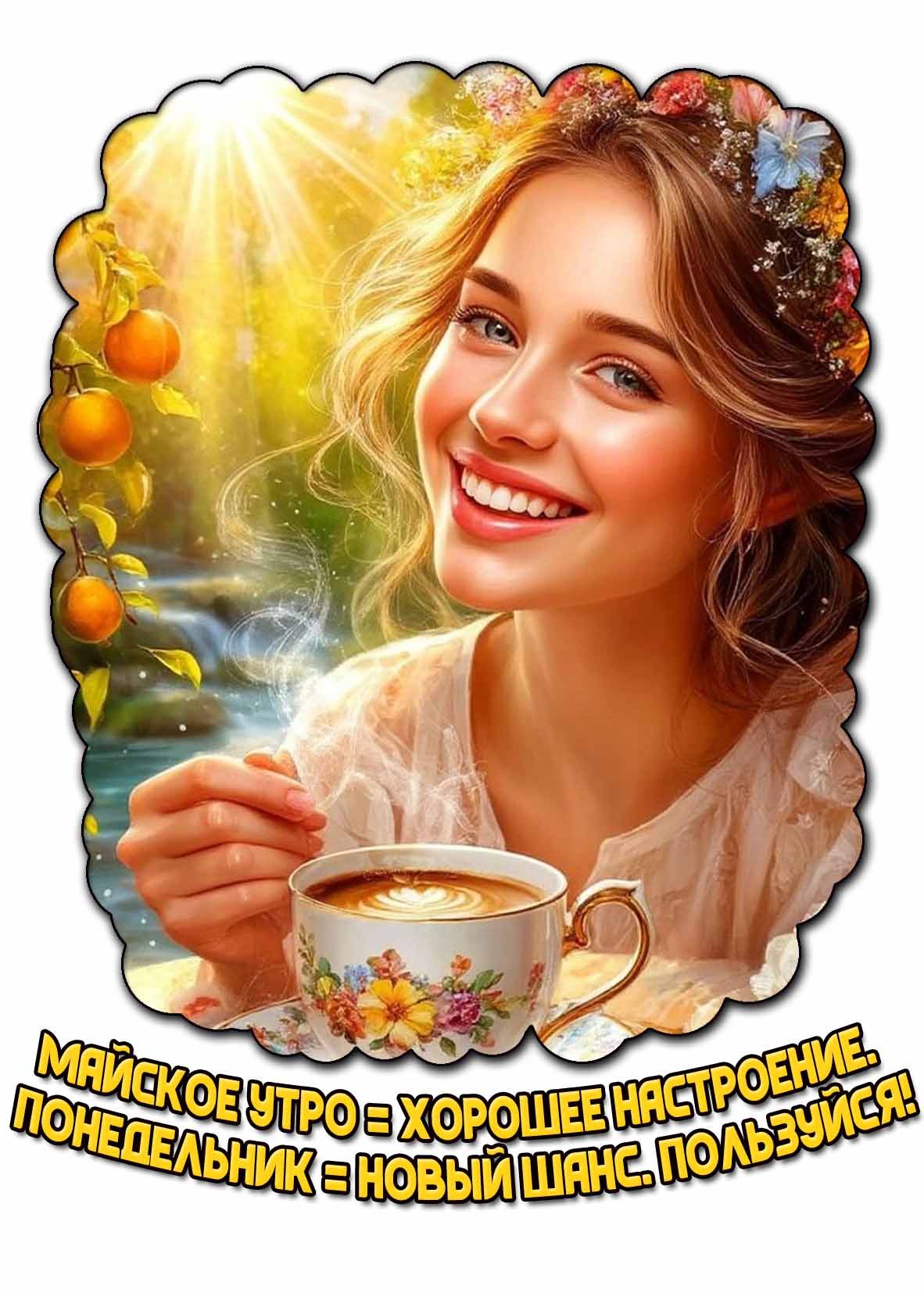 Открытка "Майское утро = хорошее настроение! Понедельник = новый шанс. Пользуйся!"