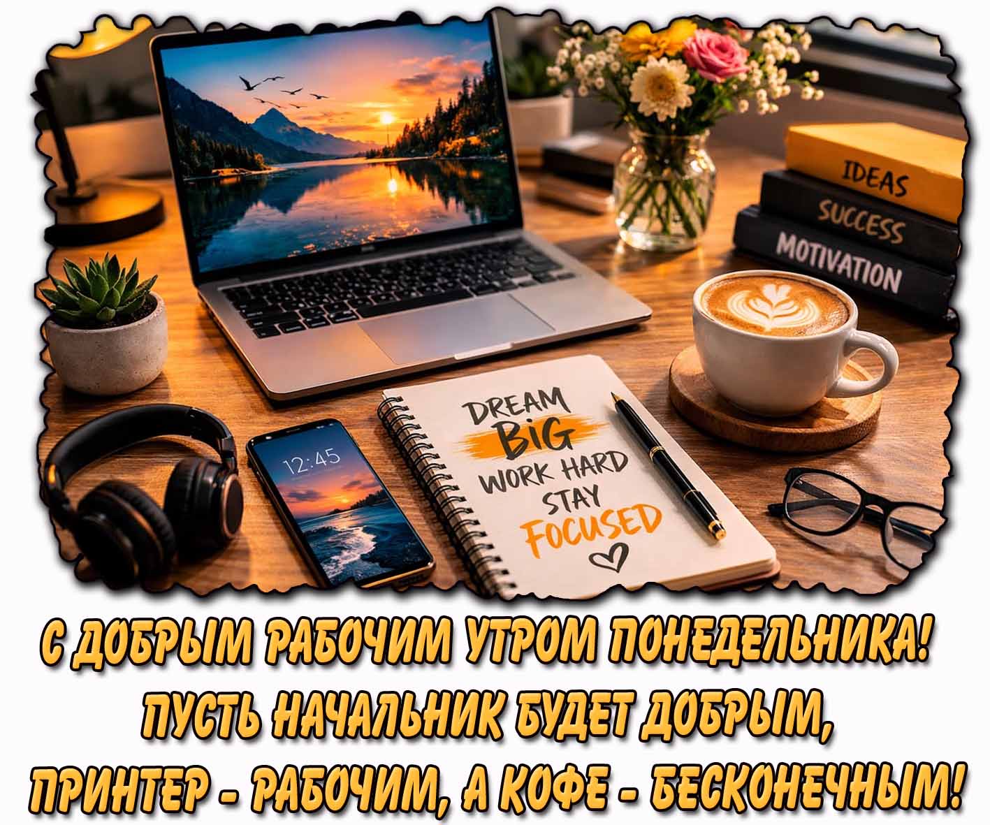 Картинка "С добрым рабочим утром понедельника! Пусть начальник будет добрым, принтер - рабочим, а кофе - бесконечным!"
