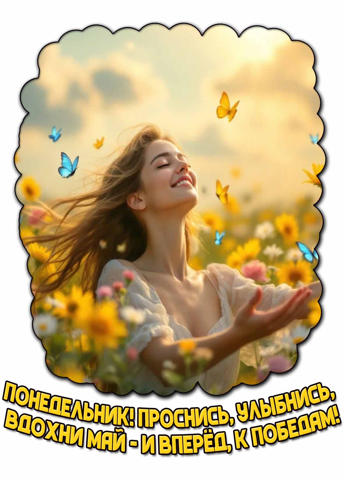 Картинка "Понедельник! Проснись, улыбнись, вдохни май - и вперёд, к победам!"