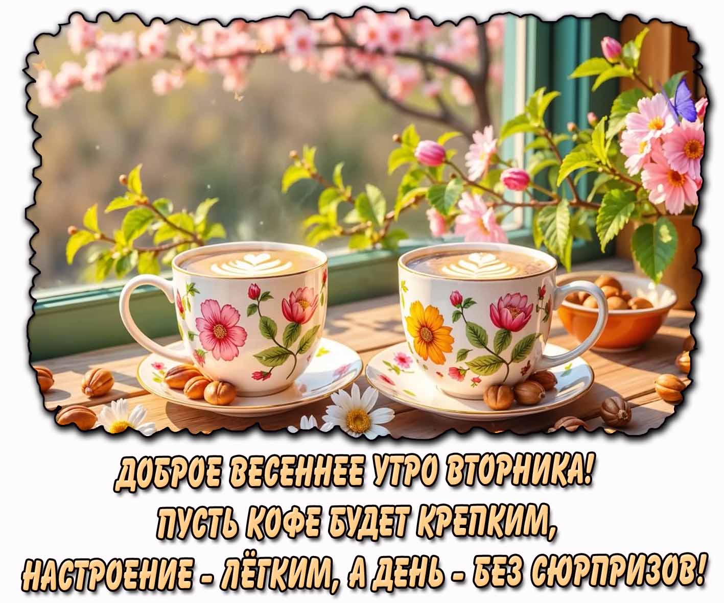 Картинка "Доброе весеннее утро вторника! Пусть кофе будет крепким, настроение - лёгким, а день без сюрпризов!"