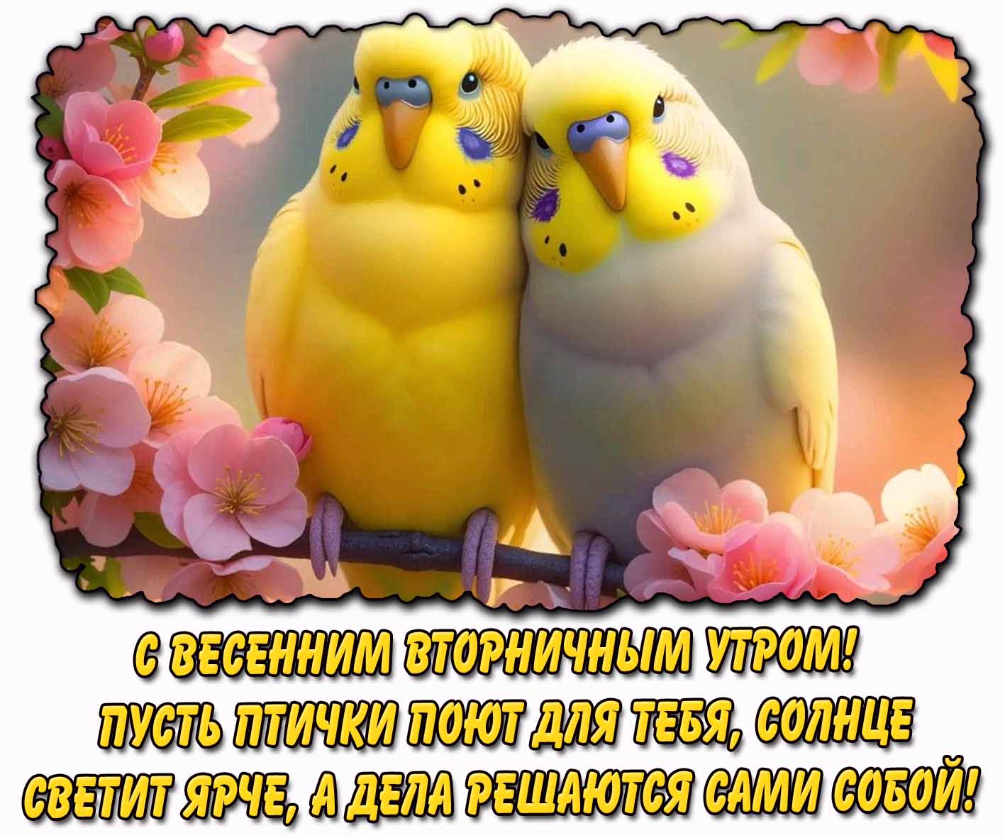 Открытка "С весенним вторничным утро! Пусть птички поют для тебя, солнце светит ярче, а дела решаются сами собой!"