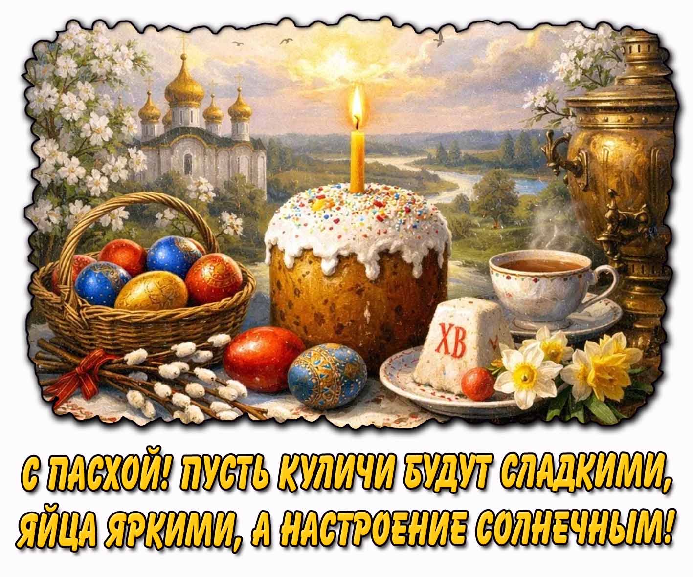 Картинка "С Пасхой! Пусть куличи будут сладкими, яйца яркими, а настроение солнечным!"
