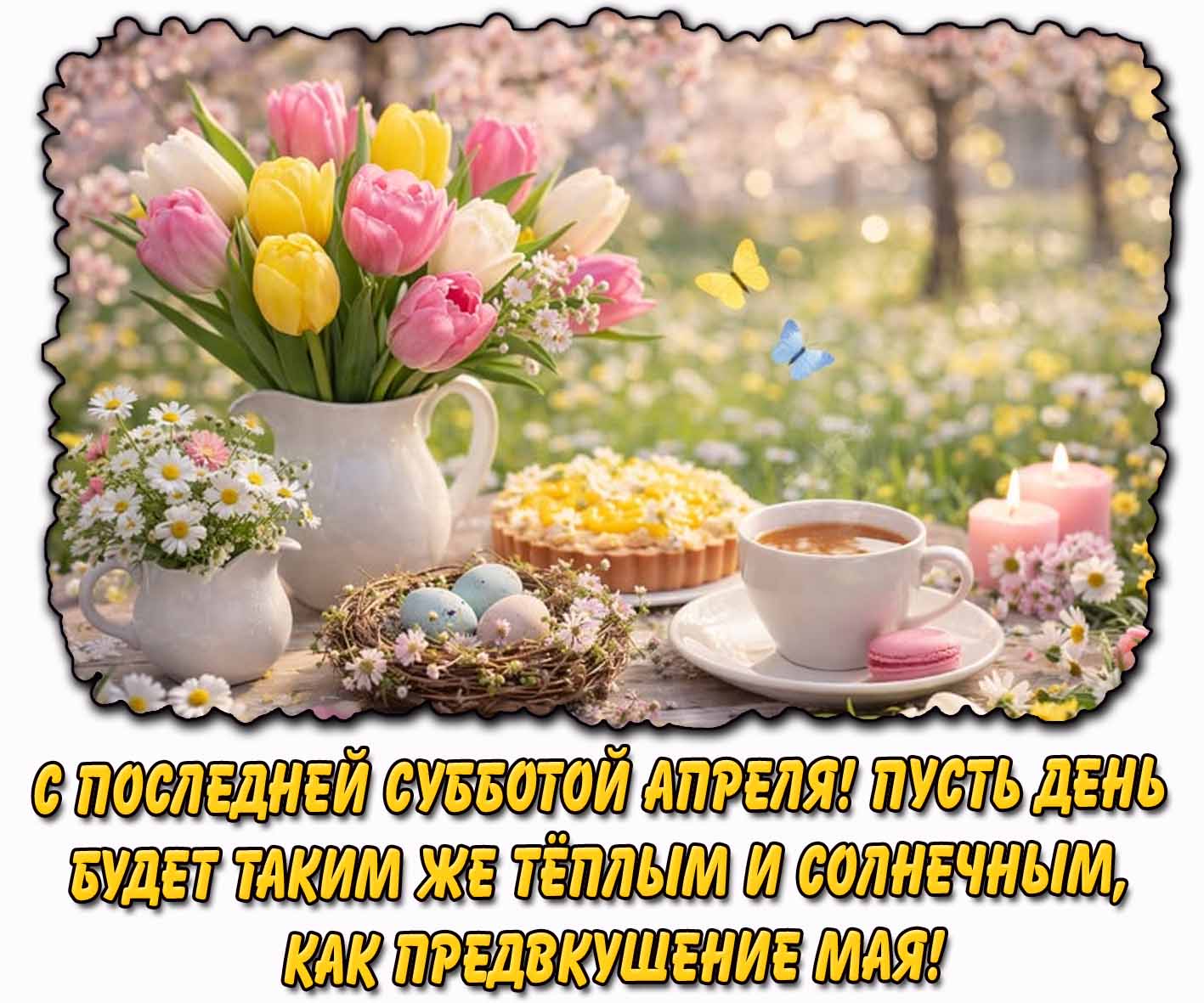Картинка "С последней субботой апреля! Пусть день будет таким же тёплым и солнечным, как предвкушение мая!"