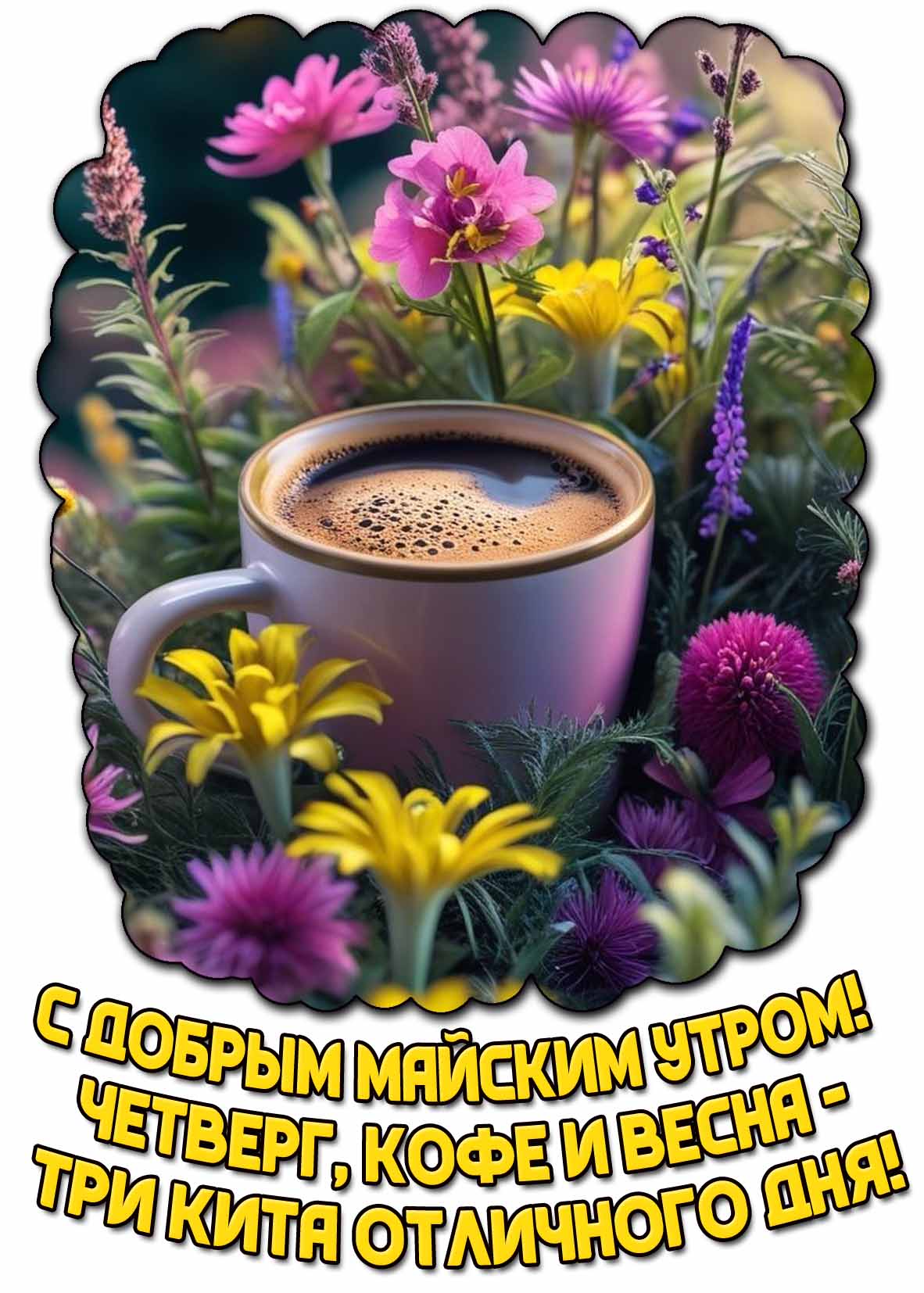 Открытка "С добрым майским утром! Четверг, кофе и весна - три кита отличного дня!"