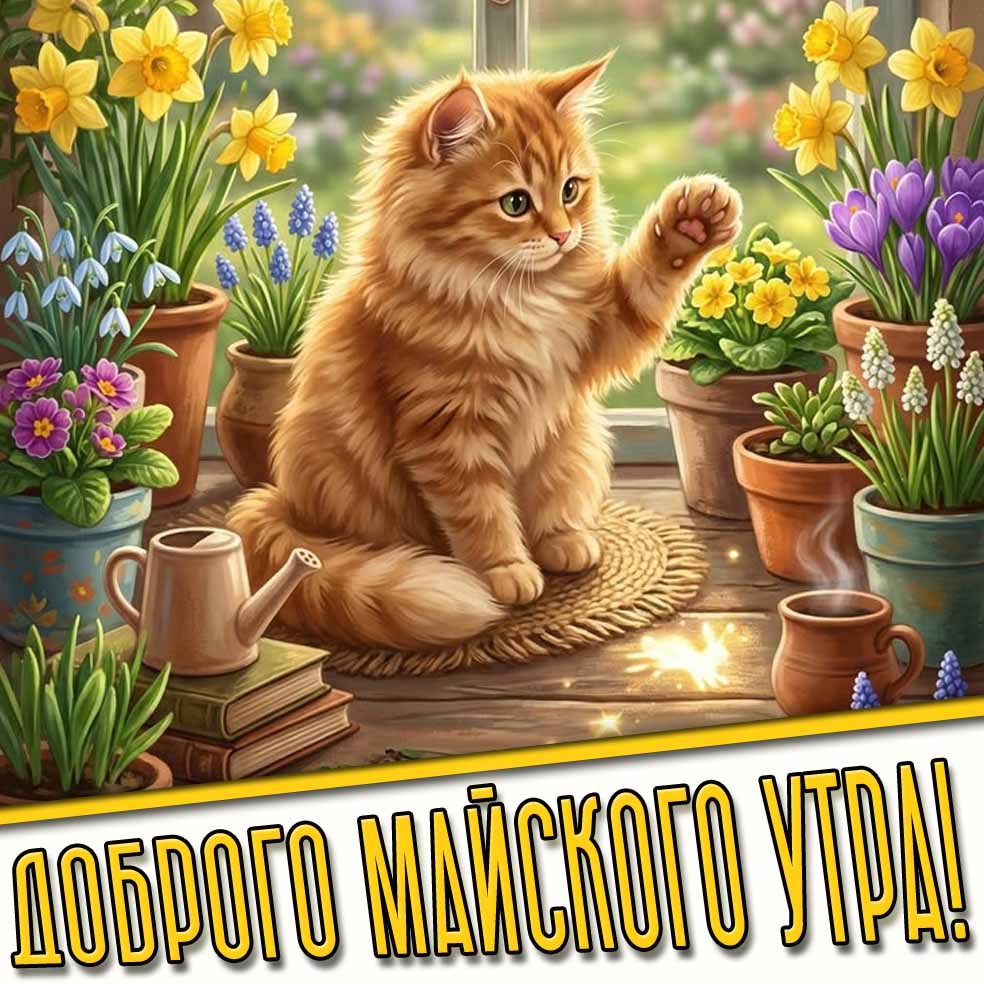 Доброго майского утра! - открытка с кошкой в цветах