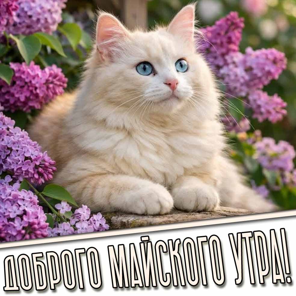 Доброго майского утра! - открытка с кошкой в сирени