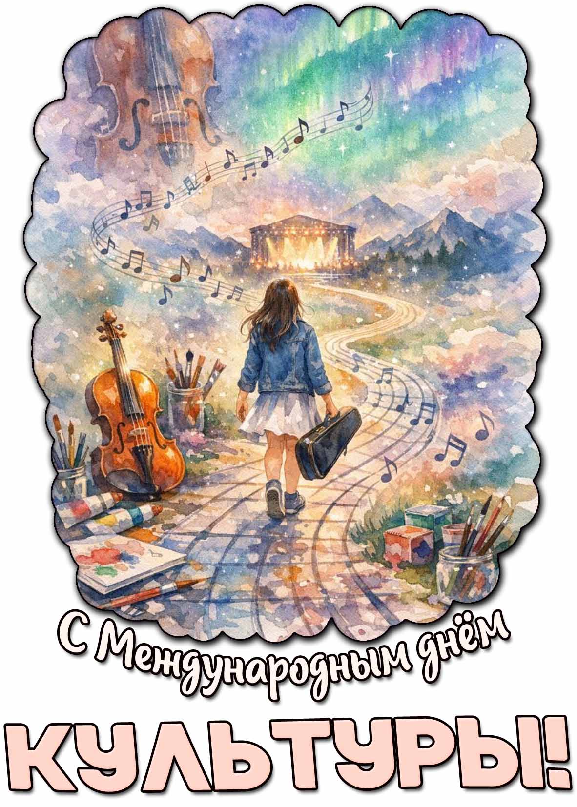 Красивая картинка с девочкой-скрипачкой идущей по музыкальной дороге из скрипичных ключей, чтобы оригинально поздравить : С Международным днём культуры! Картинка с Международным днём культуры