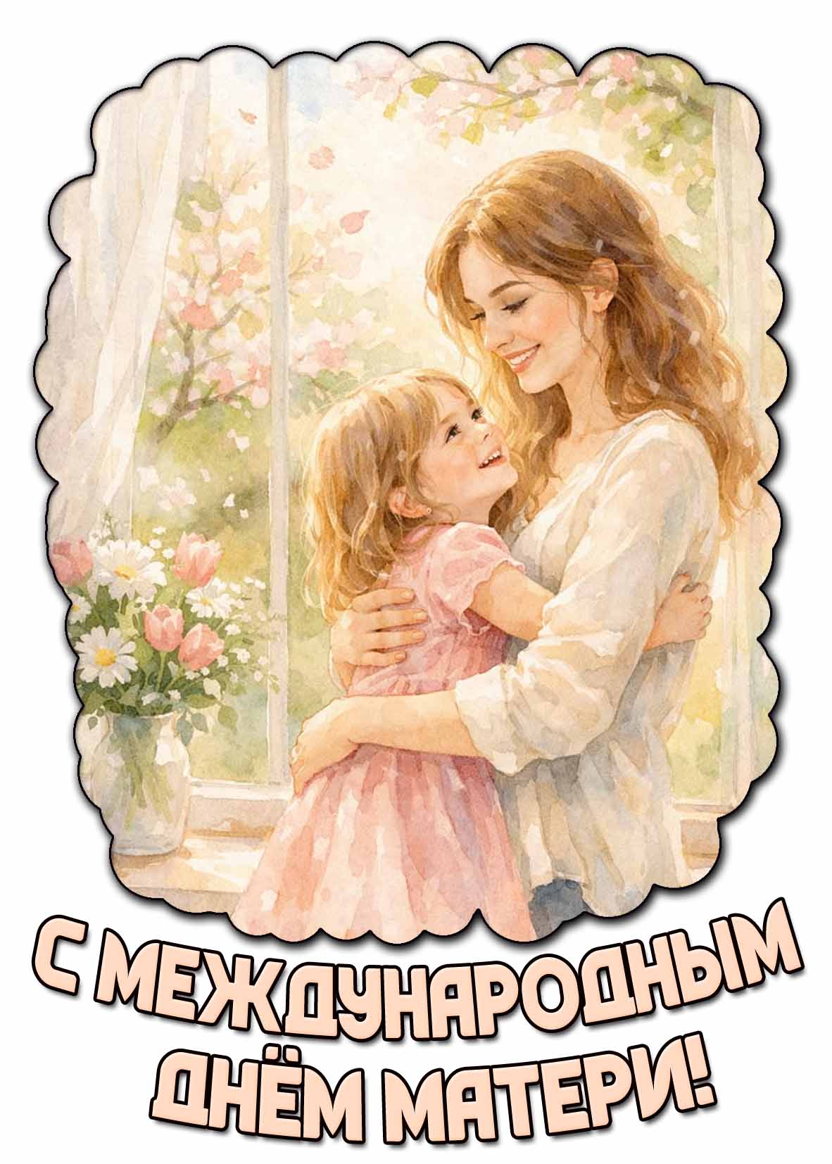 Красивая картинка с обнимающимися мамой и дочкой на фоне весенней природы и надписью : С международным днём матери!