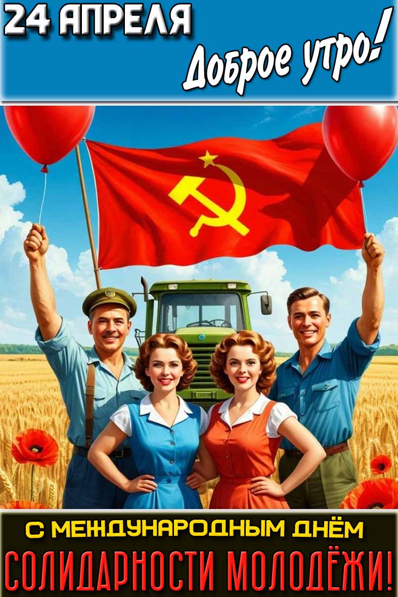 Советская открытка "24 апреля доброе утро! С Международным днём солидарности молодёжи!"