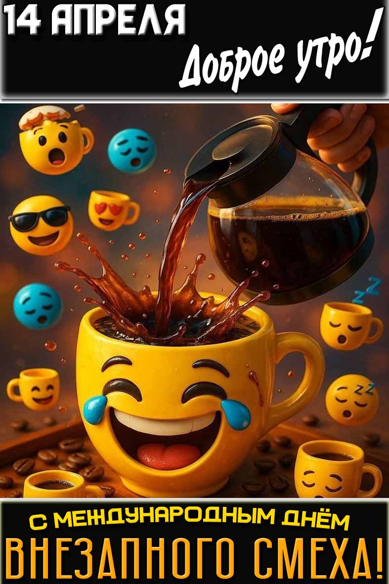 Открытка "14 апреля доброе утро! С Международным днём внезапного смеха!"