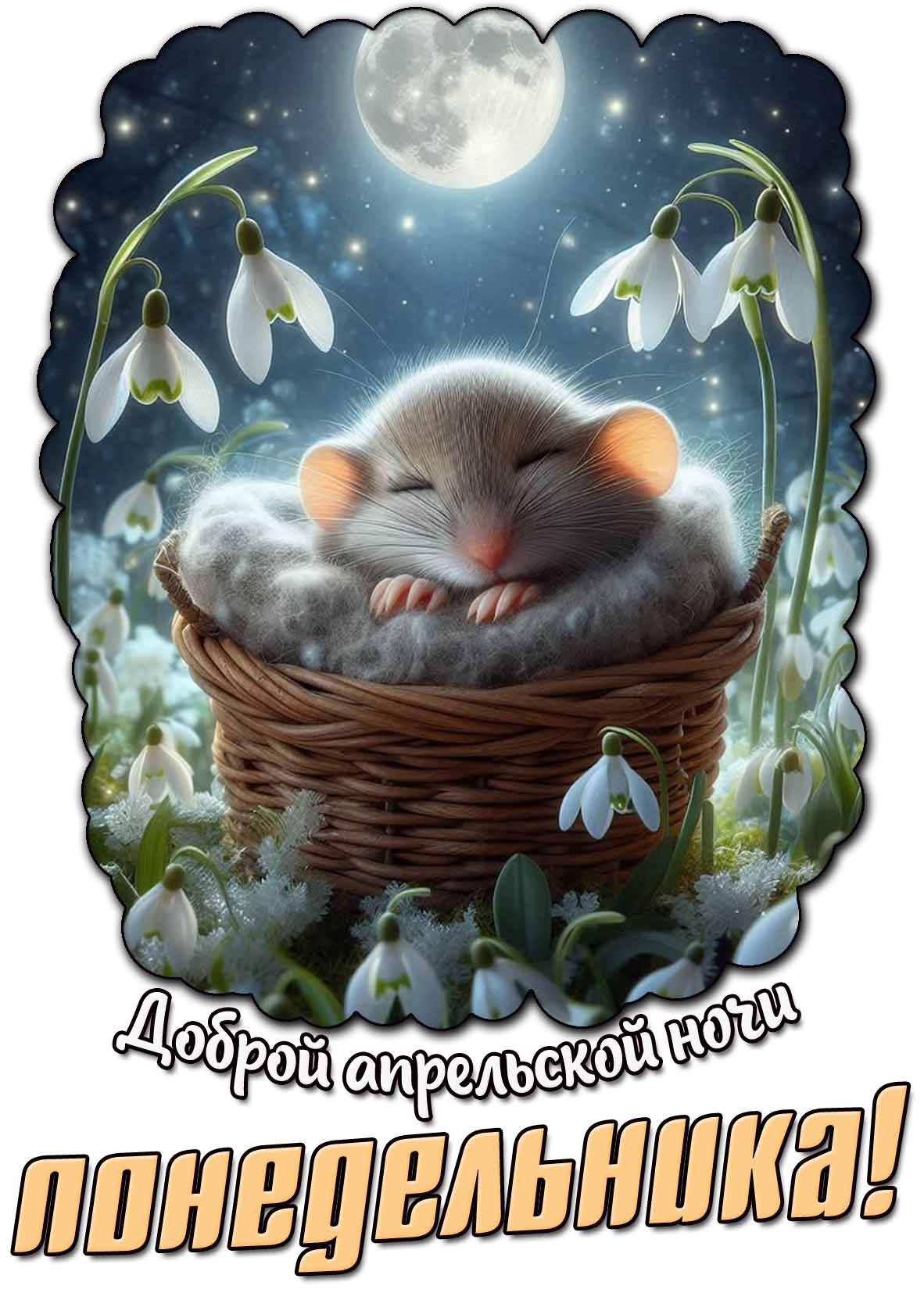 Красивая открытка с засыпающим мышонком на фоне подснежников и полной луны, чтобы оригинально пожелать : Доброй апрельской ночи понедельника! Открытка доброй апрельской ночи понедельника