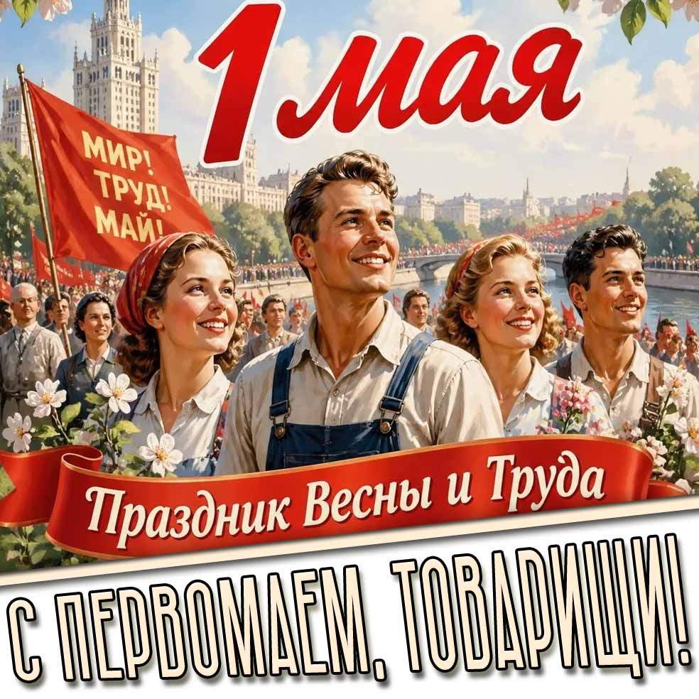 Открытка "1 Мая - Праздник весны и труда! С Первомаем, товарищи! Мир, Труд, Май!"