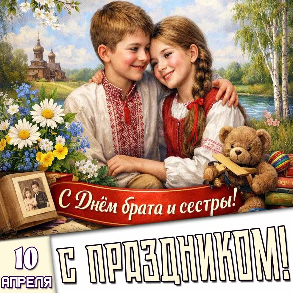 Открытка "10 апреля - с днём брата и сестры! С праздником!"