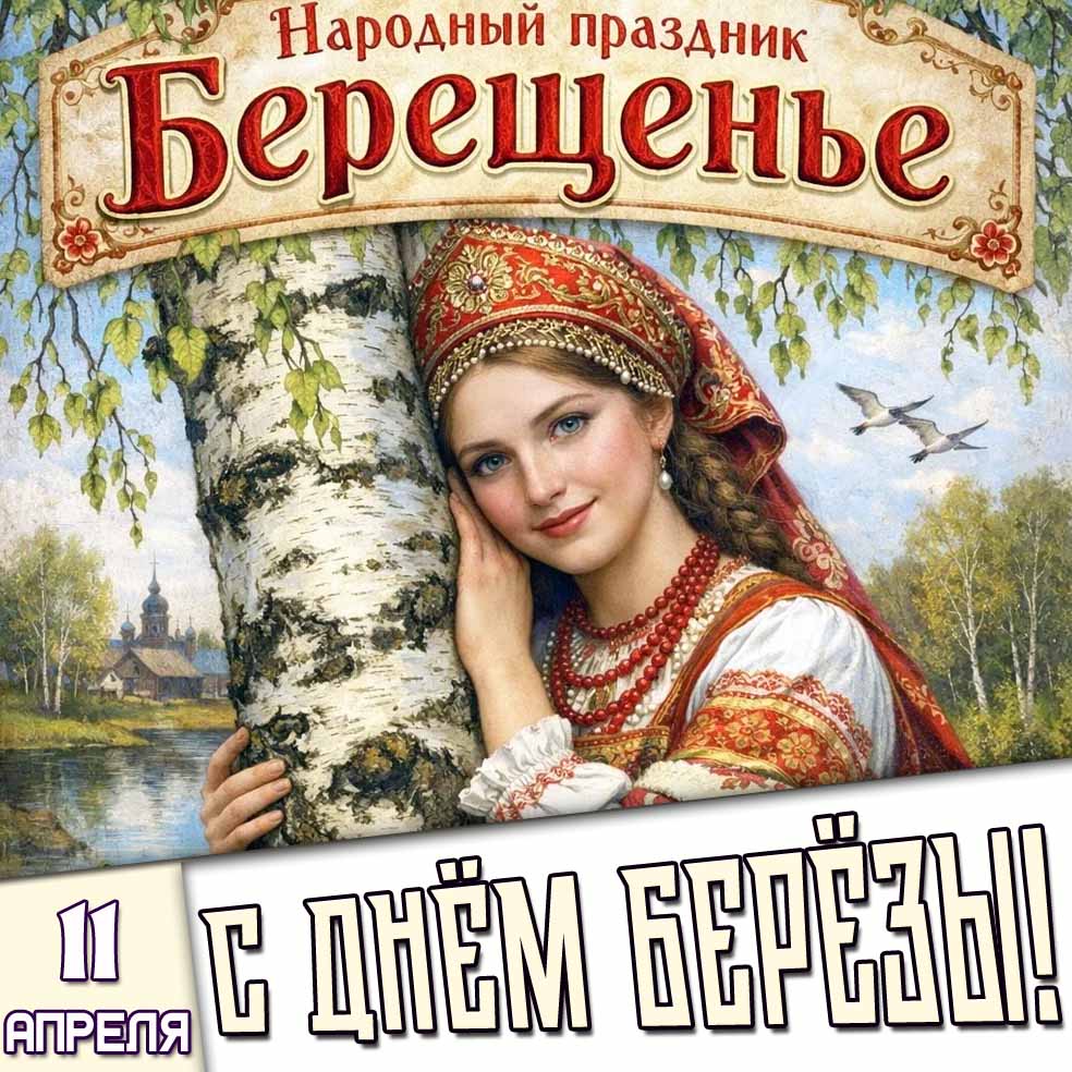 Открытка "11 апреля народный праздник - Берещенье! С днём берёзы!"