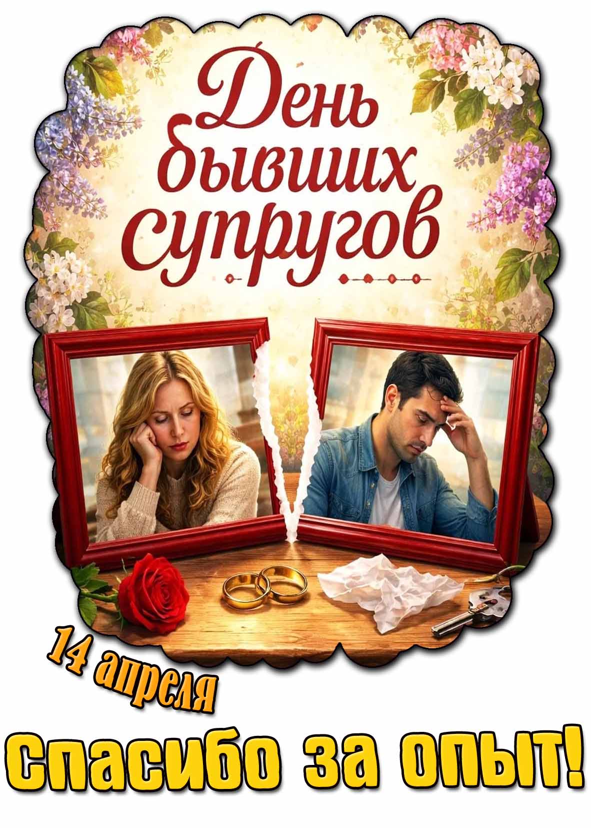 Открытка "14 апреля - день бывших супругов! Спасибо за опыт!"